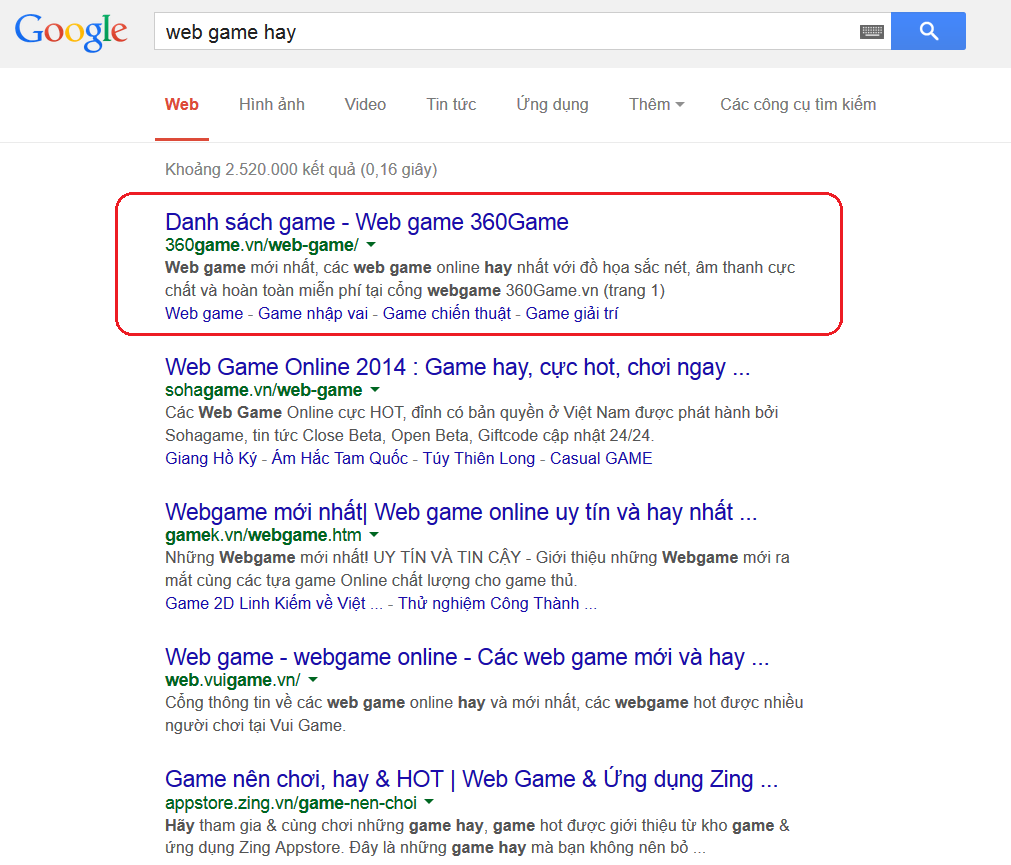 http://360game.vn/ ranks #1 for keyword web game hay 